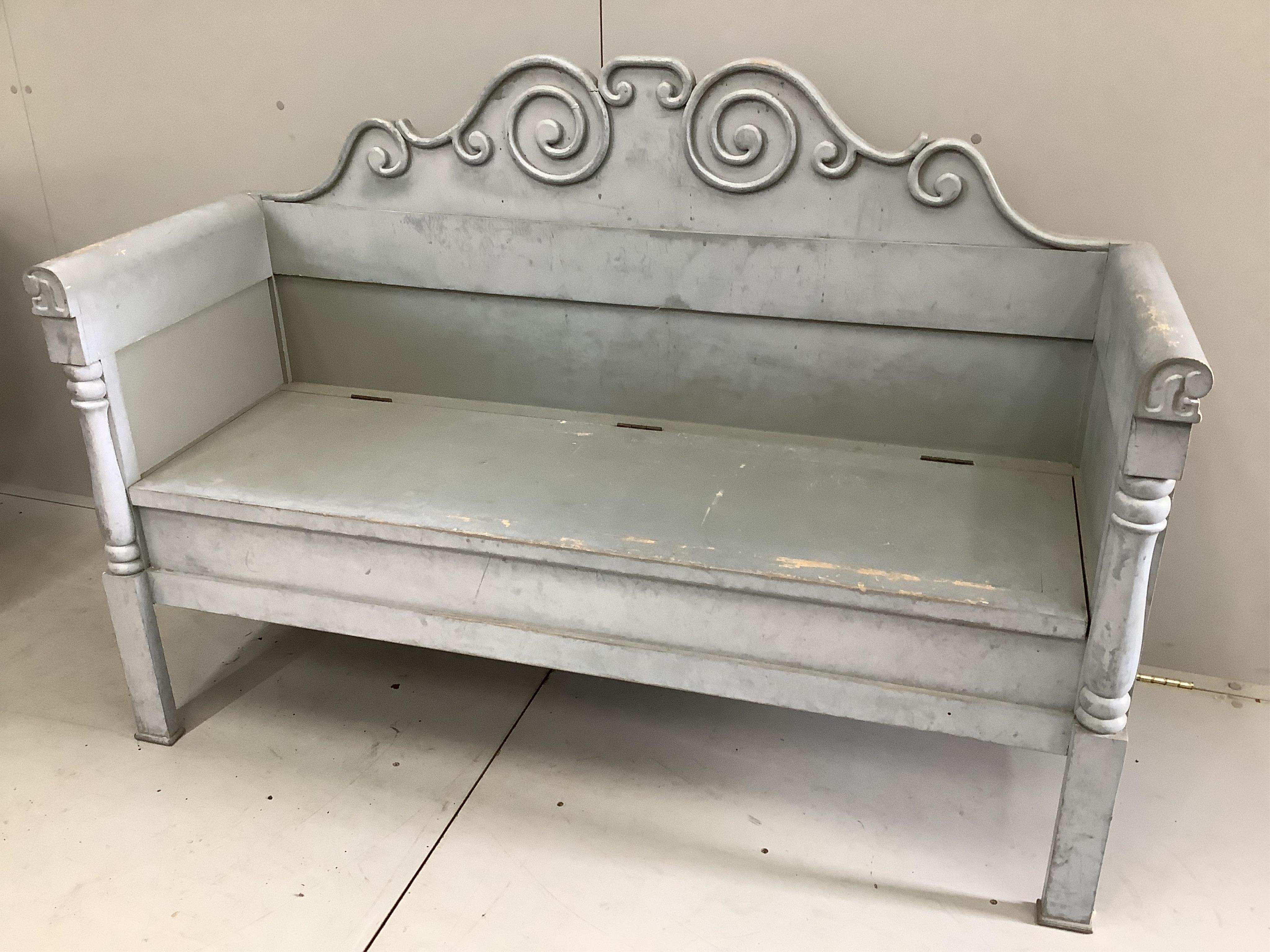 A Gustavian style painted hinged top hall seat, width 146cm, depth 50cm, height 102cm. Condition - fair